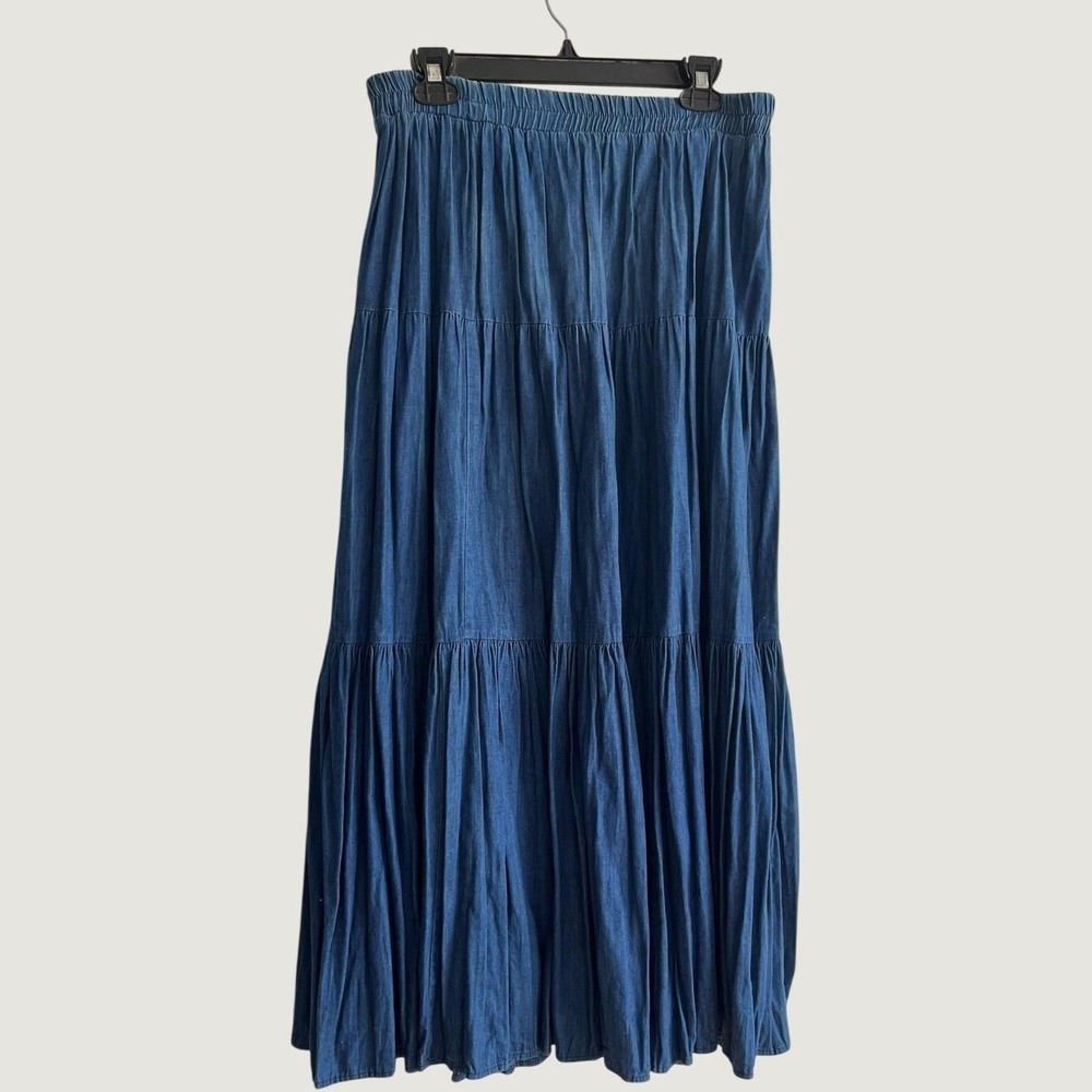 Vintage Miller Stockman Skirt Womens Small Blue Chambray Tiered Maxi Western
